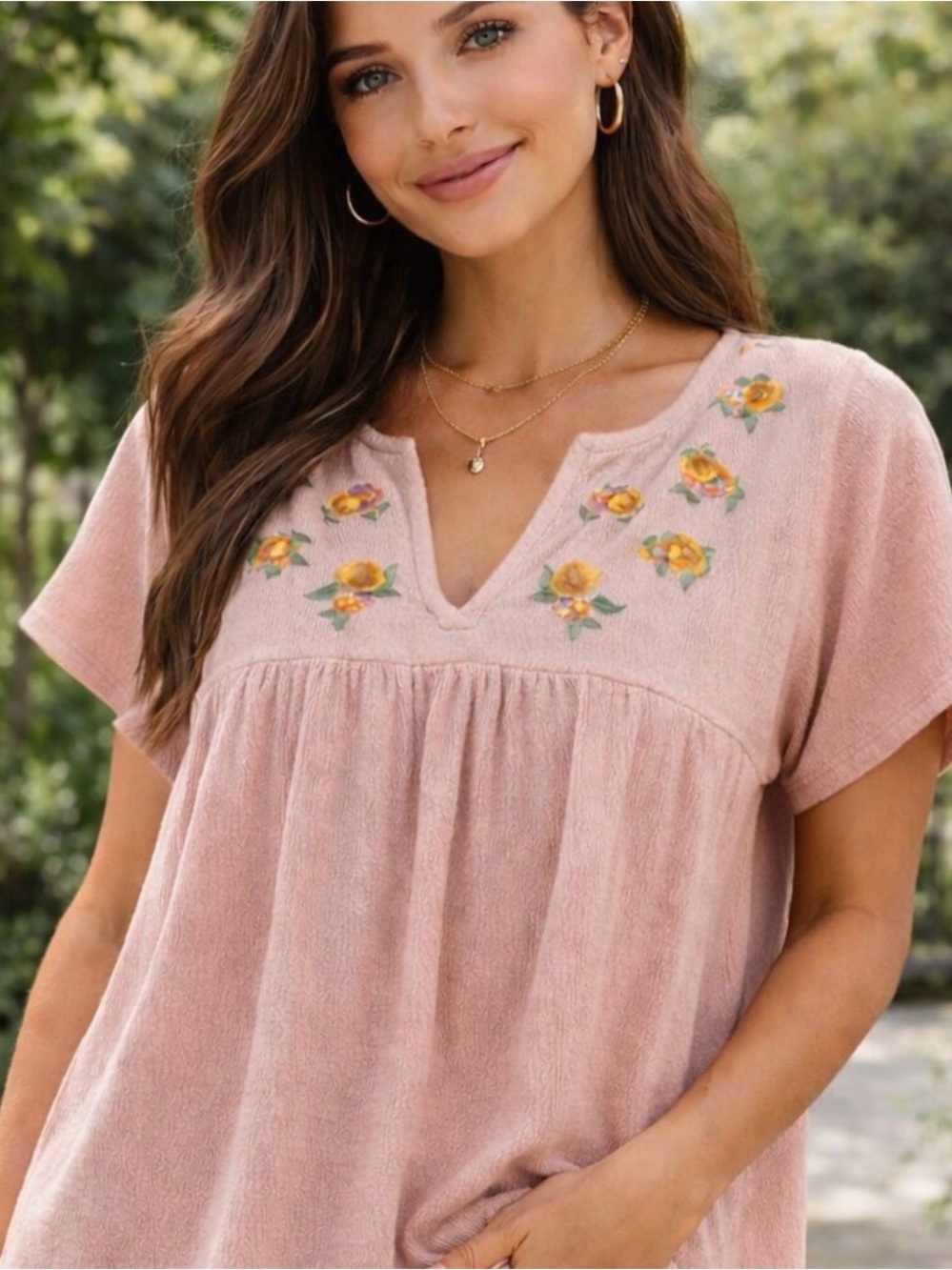 HEYSON | Pink Floral Embroidered V-Neck Short Sleeve Cottagecore Cotton Blouse - Picture 8 of 8